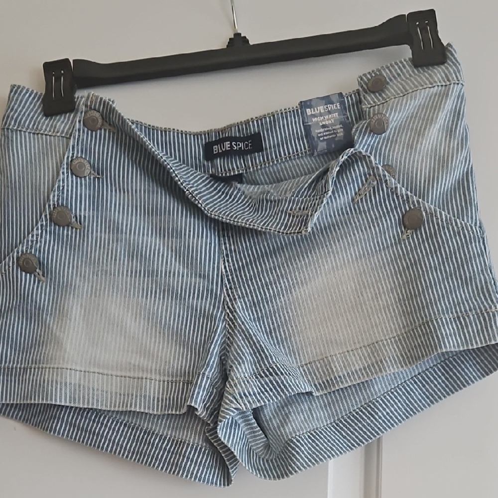 Blue Spice Women's Blue Striped Jean Shorts Size 7 Junior